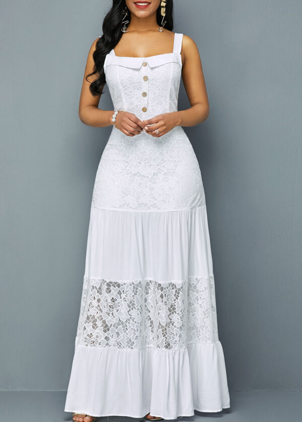 Lace Patchwork Ruffle Hem Button Detail Dress - Image 4