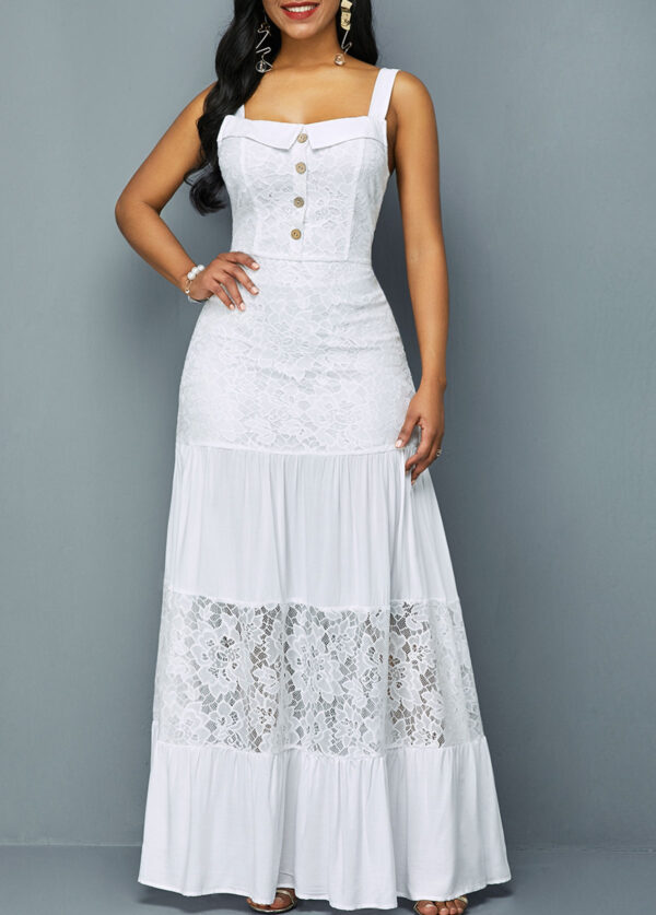 Lace Patchwork Ruffle Hem Button Detail Dress - Image 3