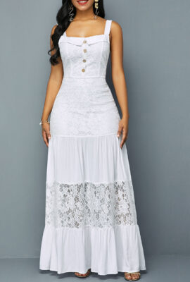 Lace Patchwork Ruffle Hem Button Detail Dress