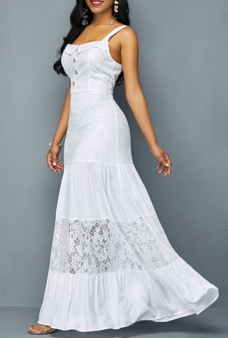 Lace Patchwork Ruffle Hem Button Detail Dress