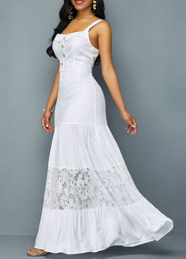 Lace Patchwork Ruffle Hem Button Detail Dress - Image 2
