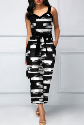 V Neck Wide Strap Printed Jumpsuit