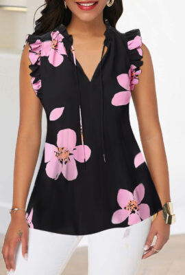 Flower Print Ruffle Trim V Neck Tank Blouse