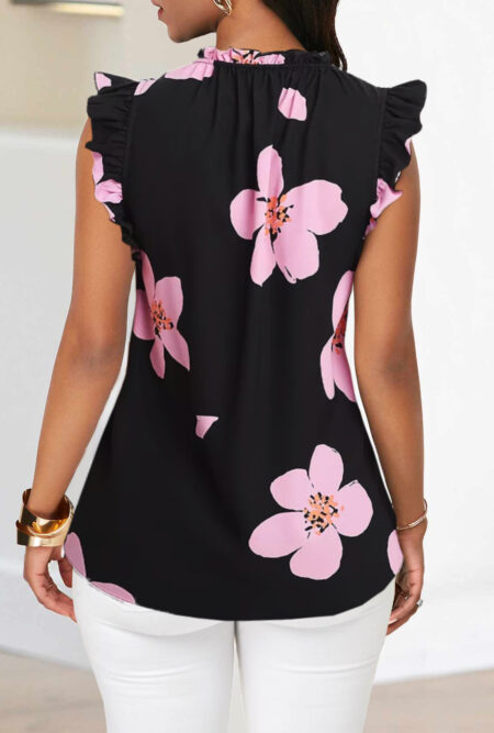 Flower Print Ruffle Trim V Neck Tank Blouse