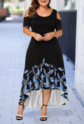 Plus Size Printed Cold Shoulder High Low Dress