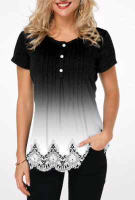 Elegant Half Button Crinkle Chest Lace Panel Top
