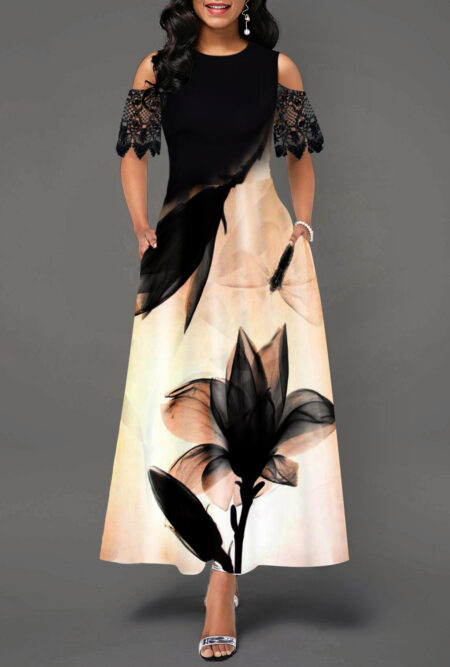 Magical Lotus Print Lace Panel Long  Dress