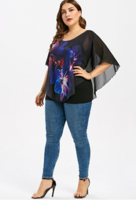 Plus Size Floral  Overlay  Three Quarter  Sleeve Blouse