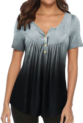 Stunning Short Sleeve V Neck Gradient Print Pleats Blouse