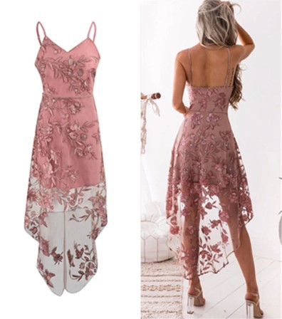 Gorgeous Flower Embroidery V-Neck Pink Lace Dress