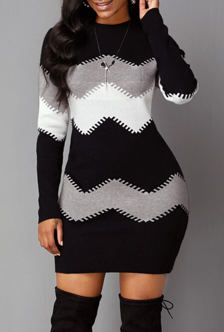 Radient  Long Sleeve Chevron Pattern Sweater Dress