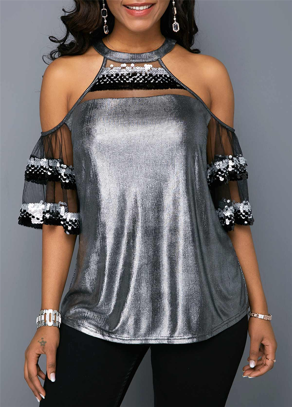 Delightful Mesh Sequin Short Sleeve Off Shoulder Blouse - Image 4