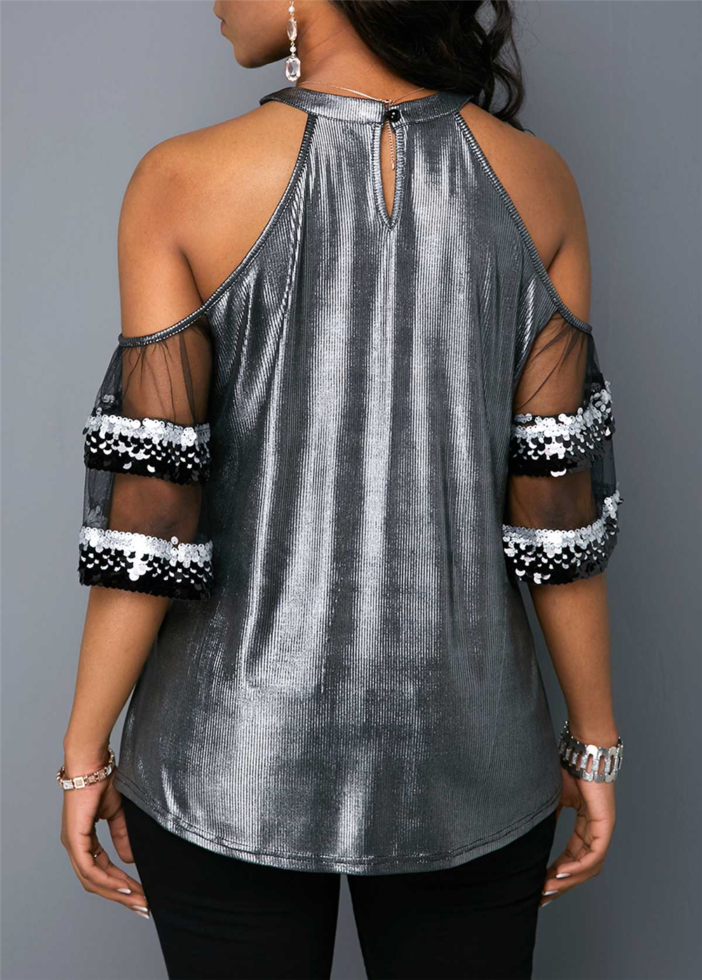 Delightful Mesh Sequin Short Sleeve Off Shoulder Blouse - Image 3