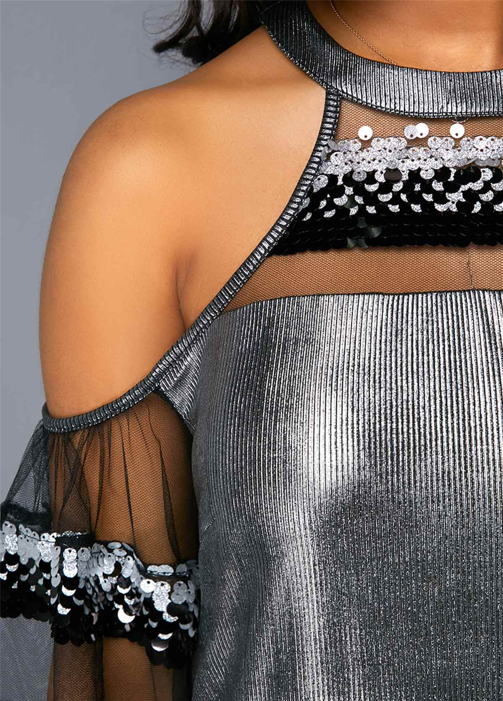 Delightful Mesh Sequin Short Sleeve Off Shoulder Blouse - Image 2