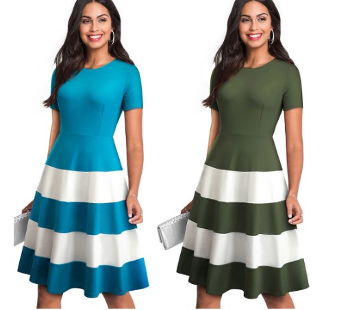 Retro Contrast Color Patchwork Round Neck Flare A-Line Women Dress