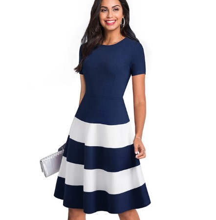 Retro Contrast Color Patchwork Round Neck Flare A-Line Women Dress - Image 2