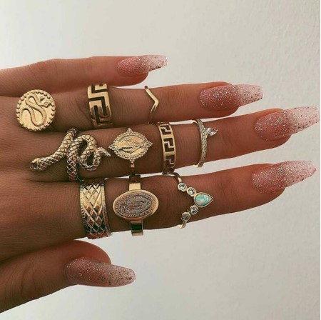Gorgeous 10Pcs Vintage Boho Snake Crystal Finger Ring Set