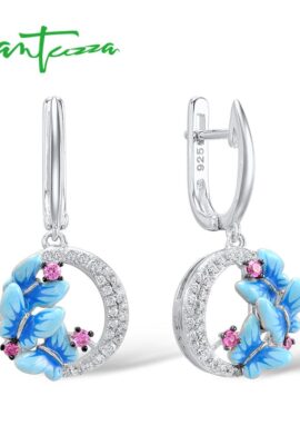 Dazzling  Sterling Silver Delicate Charming Blue Butterfly Drop Earrings