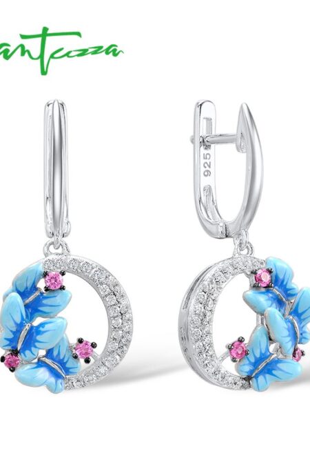 Dazzling  Sterling Silver Delicate Charming Blue Butterfly Drop Earrings