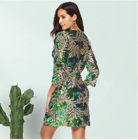 Dazzling   Sequined Glitter Bling 3/4 Sleeves O Neck Evening Dress