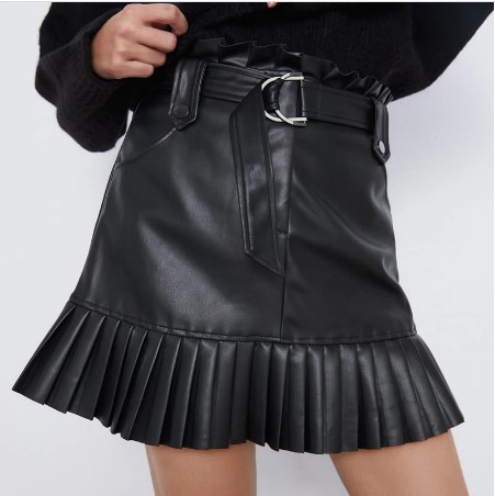 Elegant Black PU Tie Belt Waist Mini Skirt