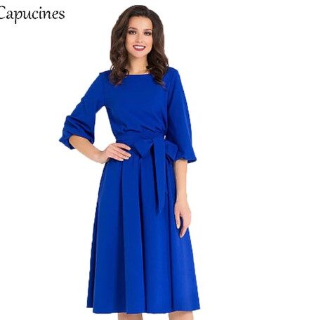 Beautiful Vintage Solid Lantern Sleeve A-Line Dress