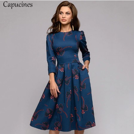 Stunning  3/4 Sleeves Printed A-Line Dress