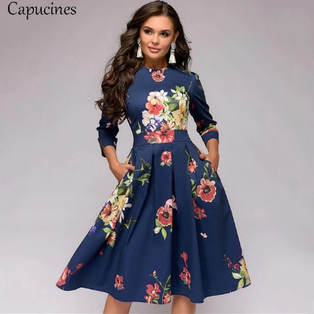 Stunning 3/4 Sleeves Printed A-Line Dress - Fashion Design Store