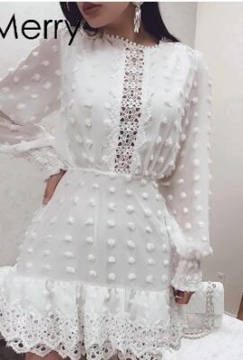 Charming  Short White,  Long Puff Sleeve Lace dress