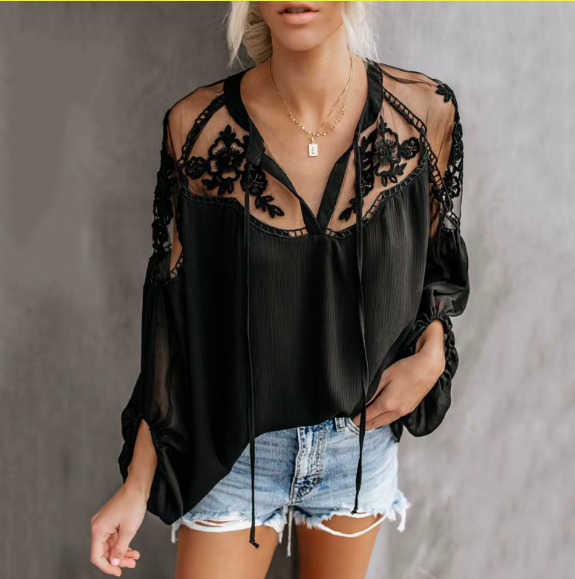 Delightful Lace Mesh Embroidery Patchwork  Casual Long Sleeve Blouse