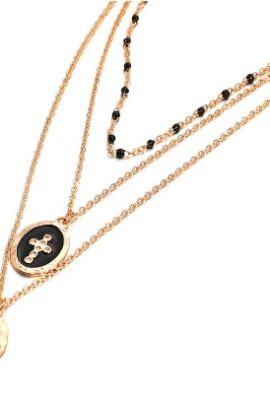 Multi-layer Retro Cross Pendant Black Beaded Gold Chain