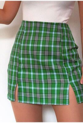 Delightful Green Plaid Split High Waist Skirt
