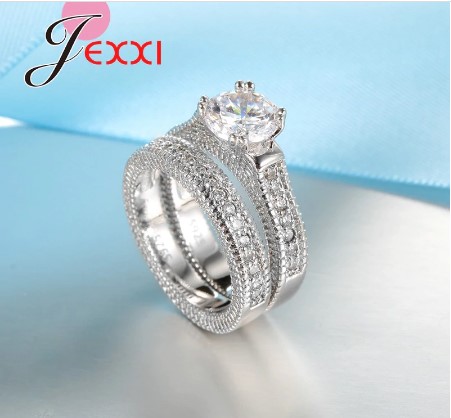 Stunning 925 Stamped Sterling Silver Set 2 Pcs Bijoux  AAA Crystal Heart Ring