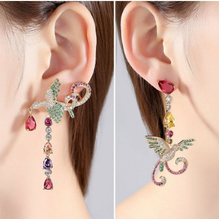 Dazzling Pair Phoenix Bird Stud Earrings Long Dangle Asymmetry