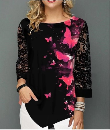 Enchanting  Lace Sleeve Elasticity Female Casual Top