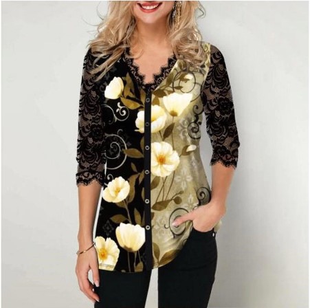 Charming Plus Size  Boho Print Lace Splice Blouse