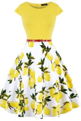 Elegant Cap Sleeve Lemon Flower Print Pin Up Dress