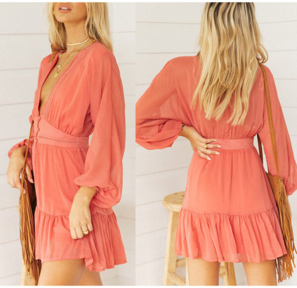 Super Plunge V Neck  White Lace Long Sleeve Mini Party Dress - Image 2