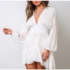 Super Plunge V Neck  White Lace Long Sleeve Mini Party Dress
