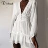 Super Plunge V Neck  White Lace Long Sleeve Mini Party Dress - Image 3