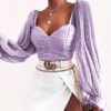 Sweet  Puff Sleeve Ruffles Mesh Polka Dot Blouse
