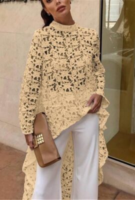 Elegant Casual Patchwork Flounced Dip Hem Crochet Top