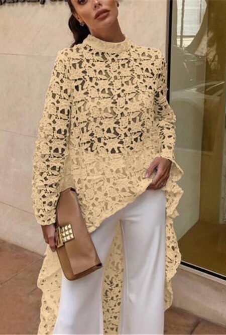 Elegant Casual Patchwork Flounced Dip Hem Crochet Top