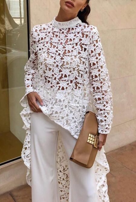 Elegant Casual Patchwork Flounced Dip Hem Crochet Top