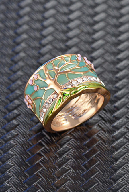 Stylish  Pink Flower Opal Green Enamel Ring
