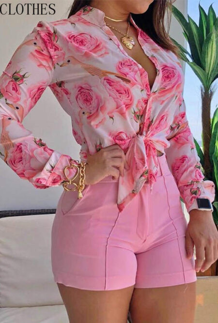 Exquisite  Floral Print Turn-down Collar, Tie Front Top