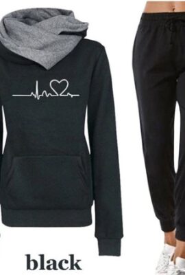 Casual  Tracksuit Top Hoodie and Black Pants