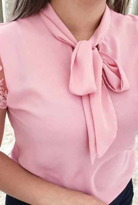 Enchanting Lace Up Bow Tie  Short Sleeve Solid Chiffon Top