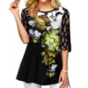 Gorgeous Floral Print Mesh Embroidery Tunic Top