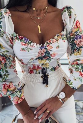 Elegant Long Puff Sleeve  Ruffle Trim Floral Print Top